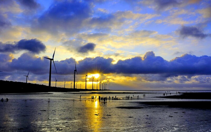 Wind Turbines at Sunset — Blue