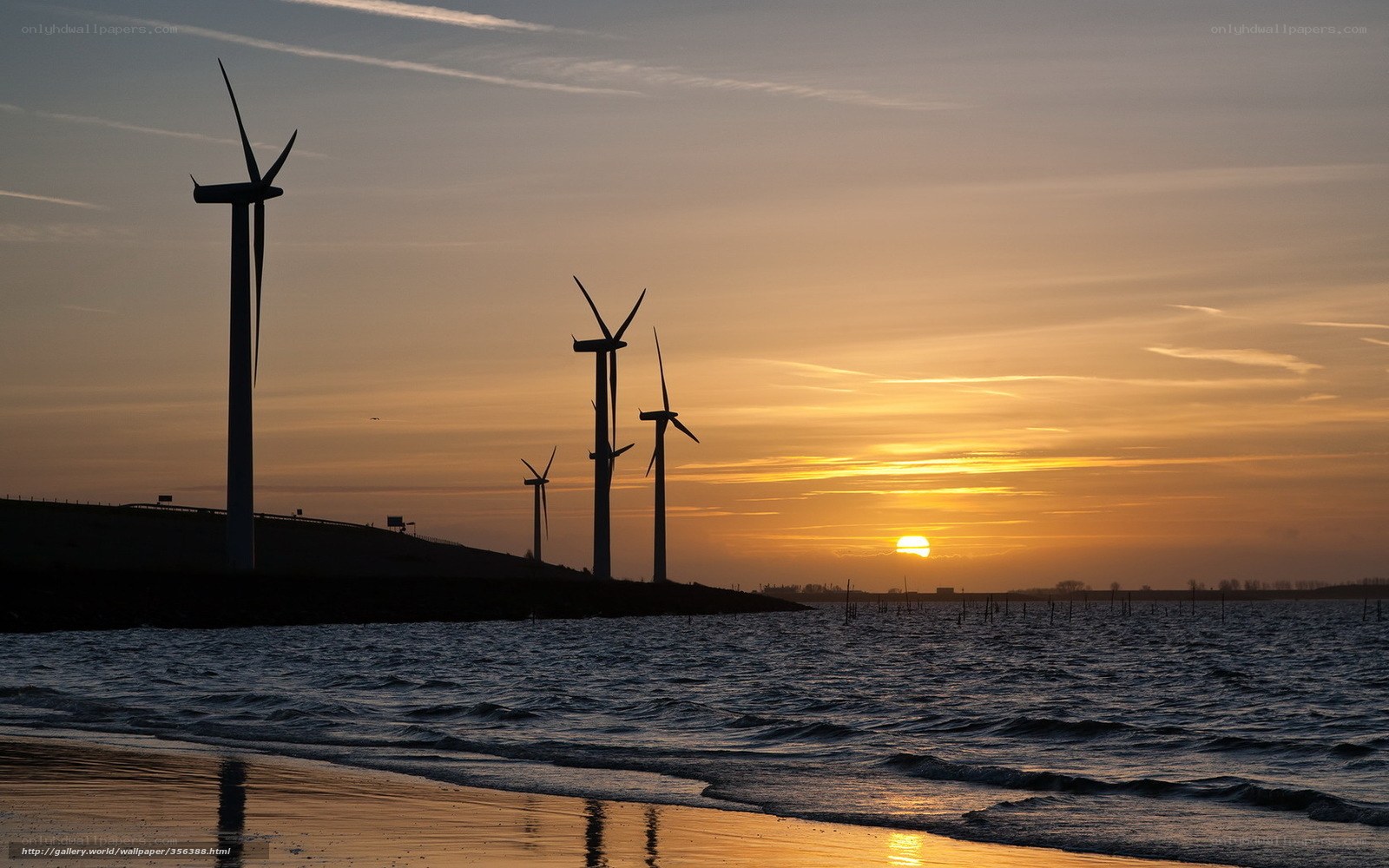 Wind turbines at sunset by the sea