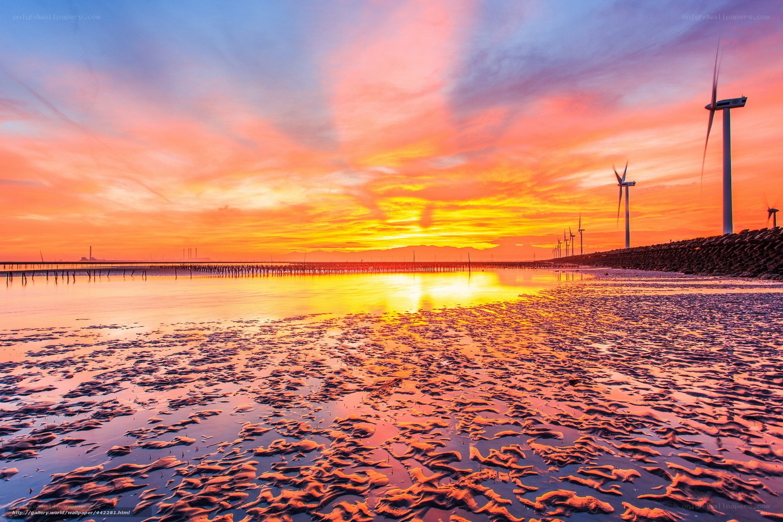 Wind turbines at sunset on a beach