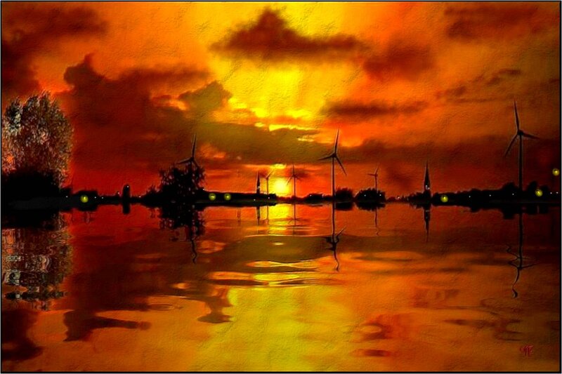 Wind Turbines at Sunset — Orange, Dramatic, Painting