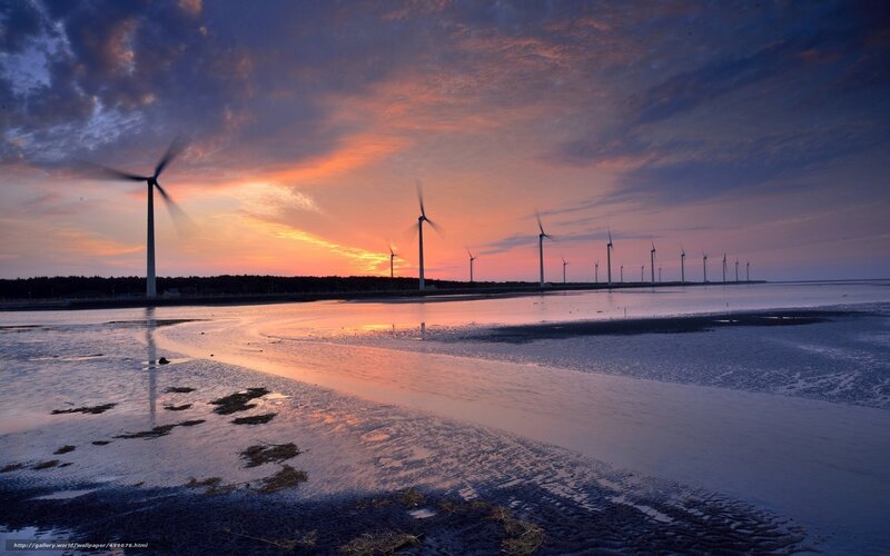 Wind Turbines at Sunset — Orange, Dramatic, Photograph, Beach, Clouds