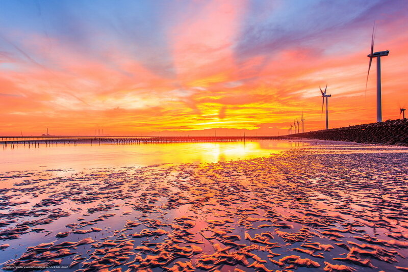 Wind Turbines at Sunset — Orange, Dramatic, Photograph, Beach, Ocean