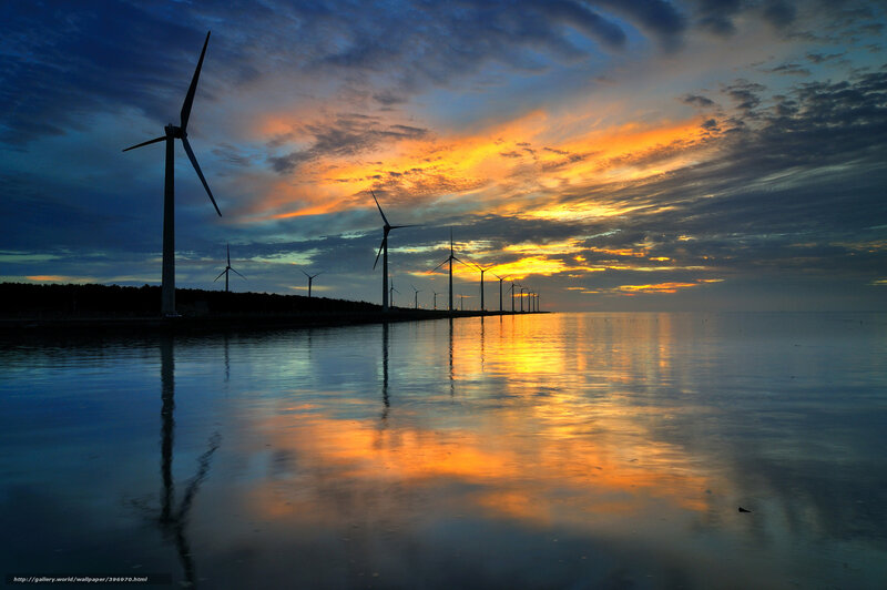 Wind Turbines at Sunset — Orange, Dramatic, Photograph, Clouds, Reflection