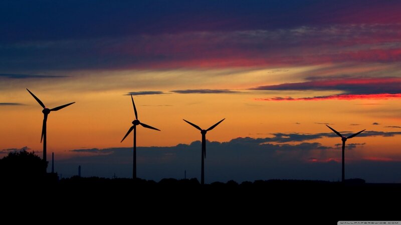 Wind Turbines at Sunset — Orange, Dramatic, Photograph, Clouds