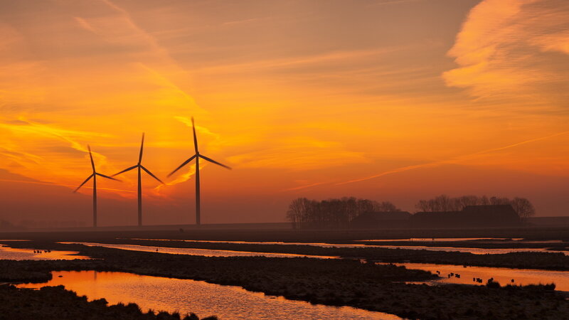 Wind Turbines at Sunset — Orange, Dramatic, Photograph, River