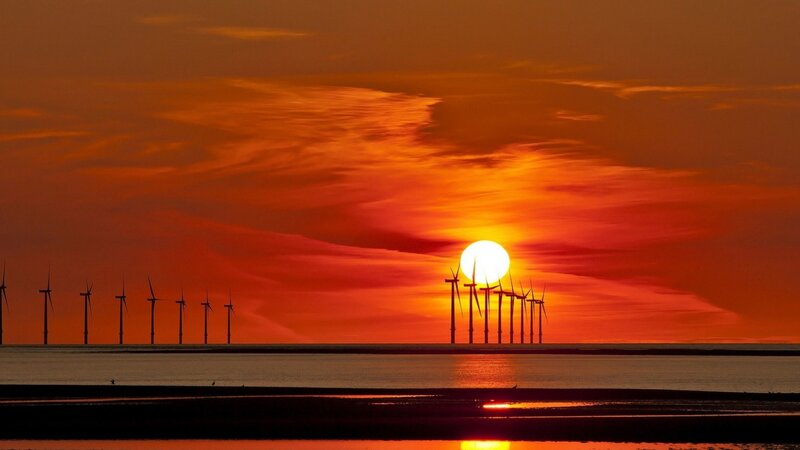 Wind Turbines at Sunset — Orange, Dramatic, Photograph, Sea