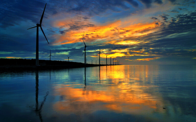 Wind Turbines at Sunset — Orange, Dramatic, Photograph