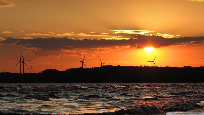 Wind Turbines at Sunset — Orange, Dramatic, Photograph, Water