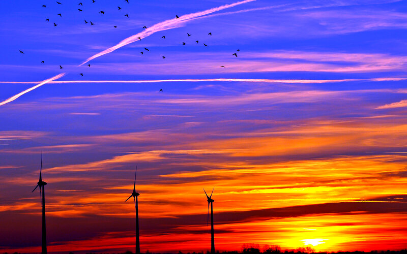 Wind Turbines at Sunset — Orange, Dramatic