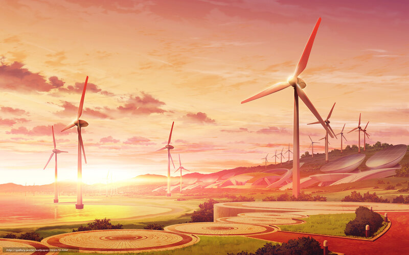 Wind Turbines at Sunset — Orange, Serene, Digital Art, Solar Panels