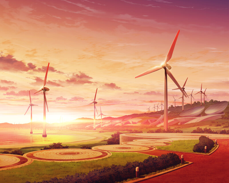 Wind Turbines at Sunset — Orange, Serene, Digital Art