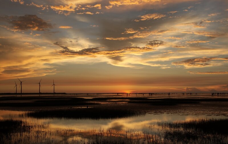Wind Turbines at Sunset — Orange, Serene, Photograph, Clouds