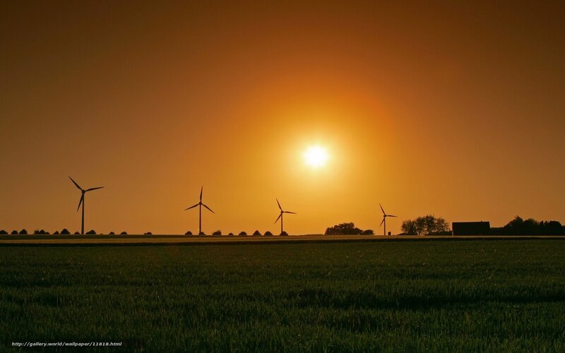 Wind Turbines at Sunset — Orange, Serene, Photograph, Field