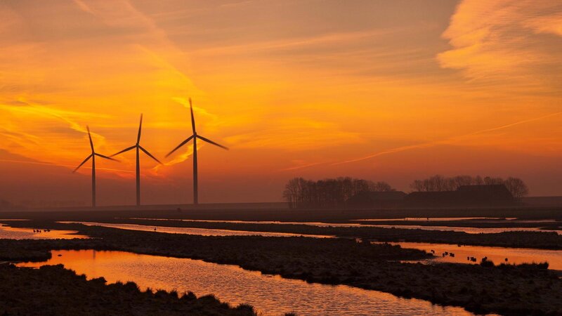 Wind Turbines at Sunset — Orange, Serene, Photograph, River