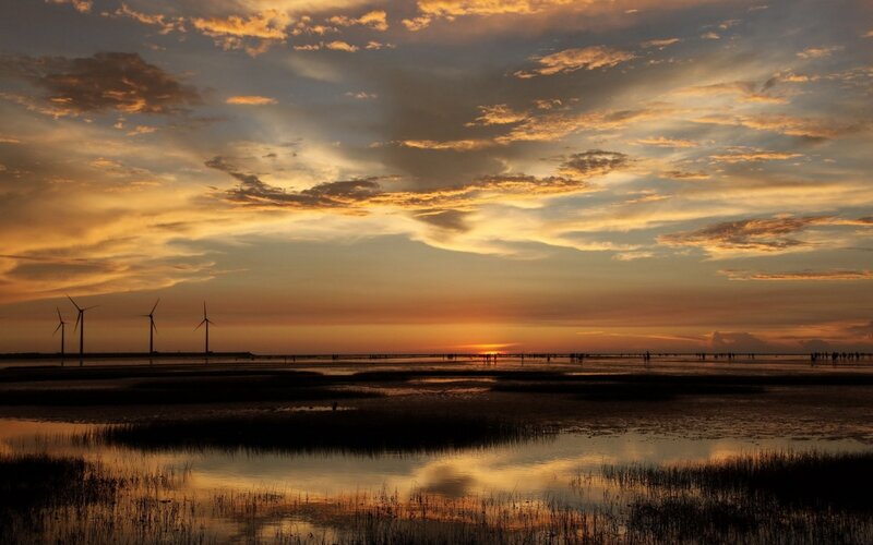 Wind Turbines at Sunset — Orange, Serene