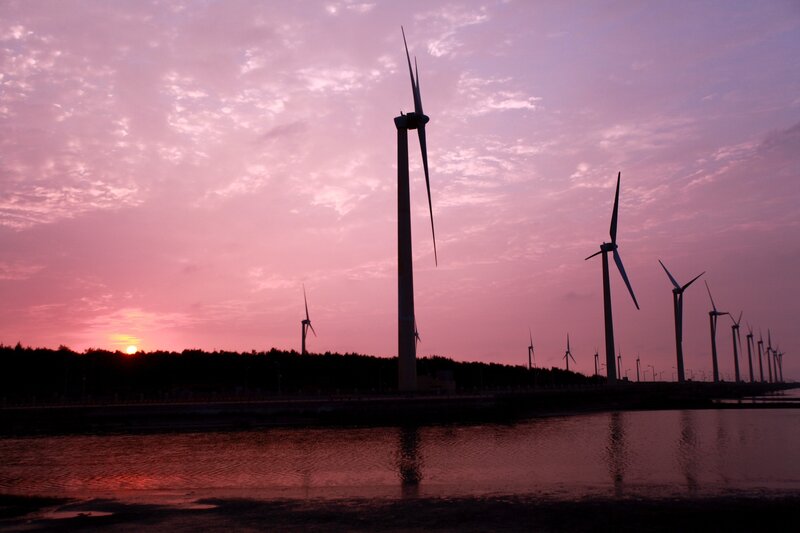 Wind Turbines at Sunset — Pink, Serene, Photograph, Water, Clouds