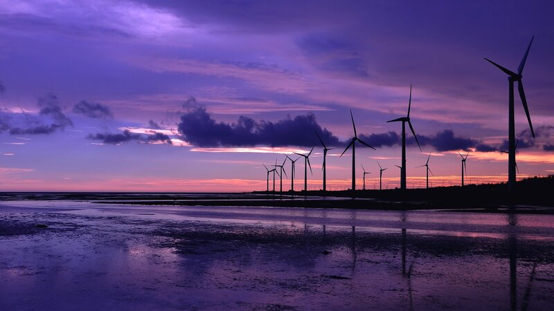Wind Turbines at Sunset — Purple, Dramatic, Photograph, Clouds, Reflection