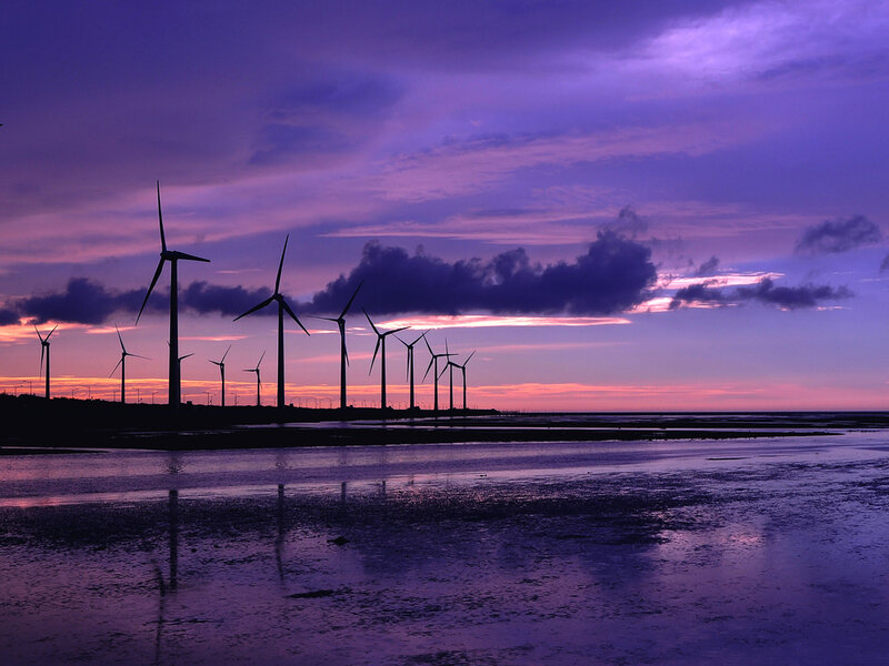 Wind Turbines at Sunset — Purple, Dramatic, Photograph, Clouds