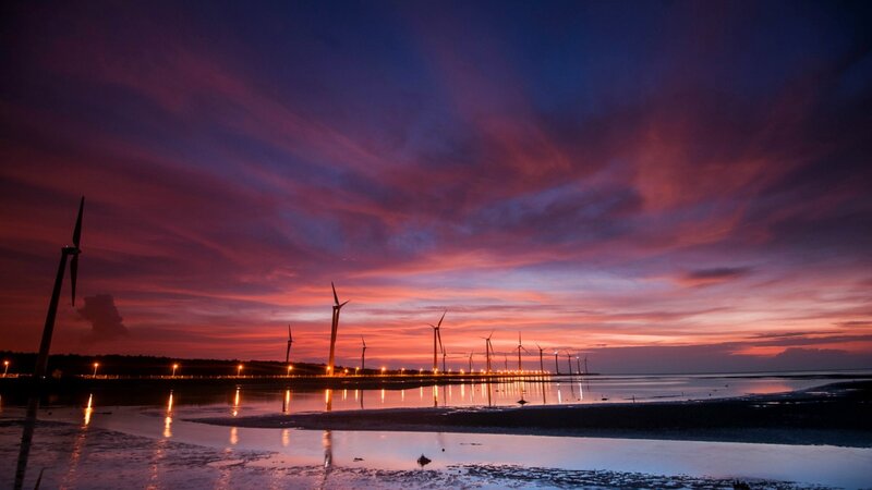 Wind Turbines at Sunset — Purple, Dramatic, Photograph, Clouds, Water