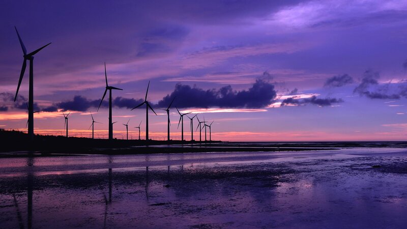 Wind Turbines at Sunset — Purple, Dramatic, Photograph