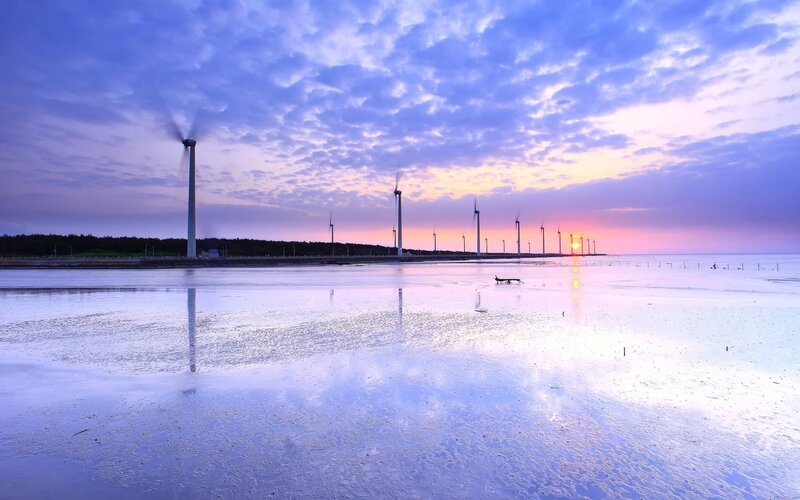 Wind Turbines at Sunset — Purple, Serene, Photograph
