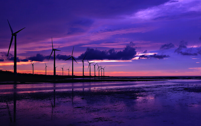 Wind Turbines at Sunset — Purple