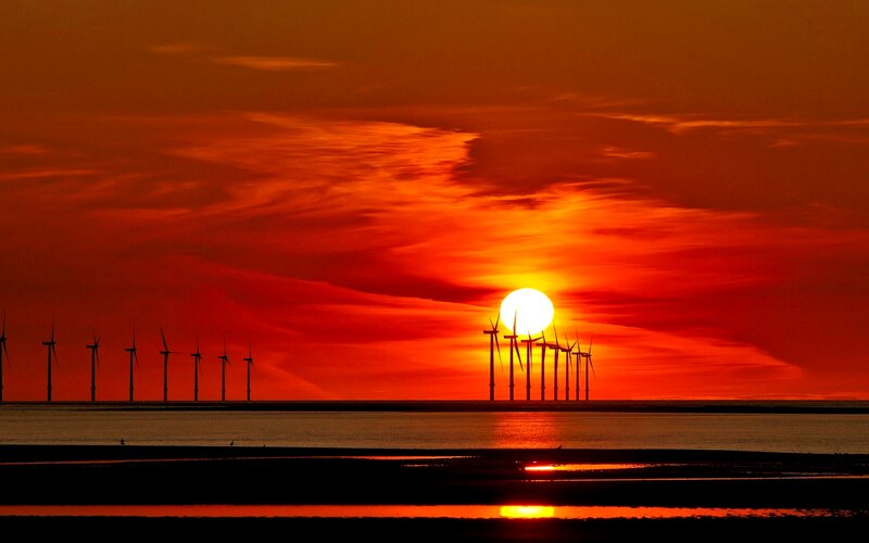 Wind Turbines at Sunset — Red, Dramatic