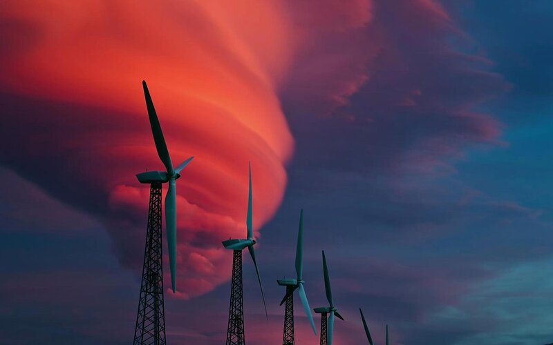Wind Turbines at Sunset — Red