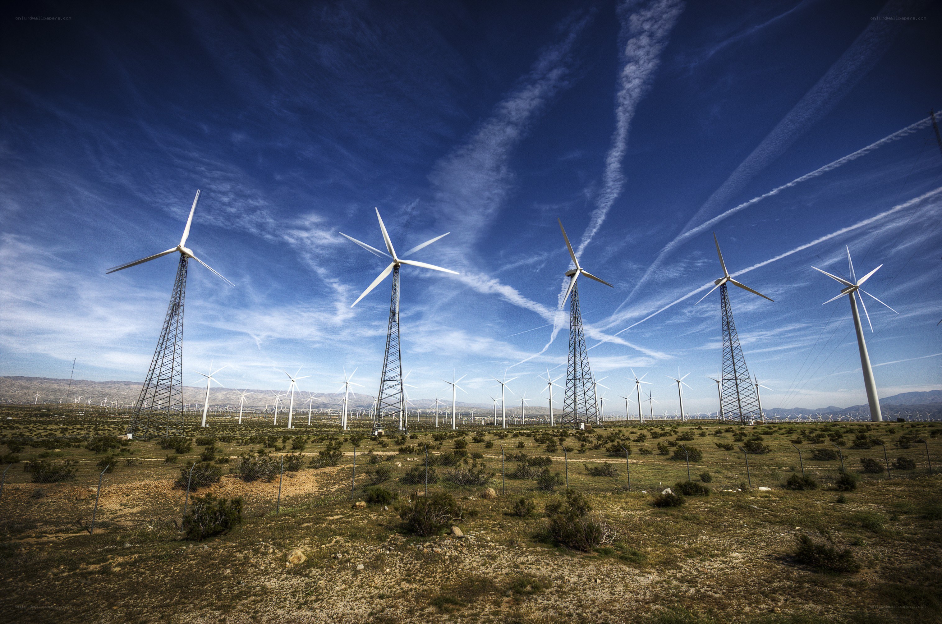 Wind turbines in a desert landscape