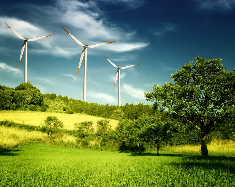 Wind turbines in a green field