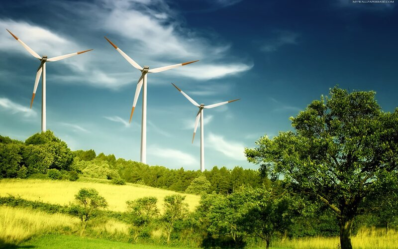 Wind turbines in a green field
