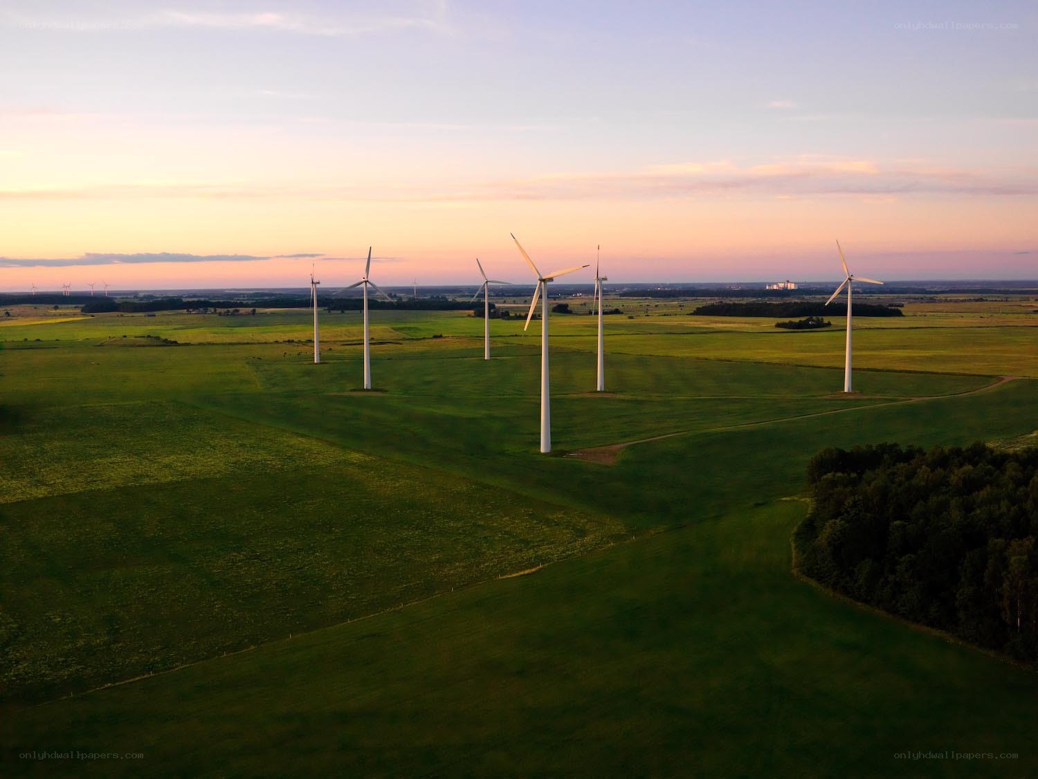 Wind turbines in a green field