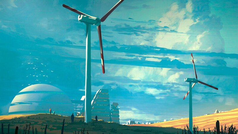 Wind Turbines in Desert — Blue, Serene
