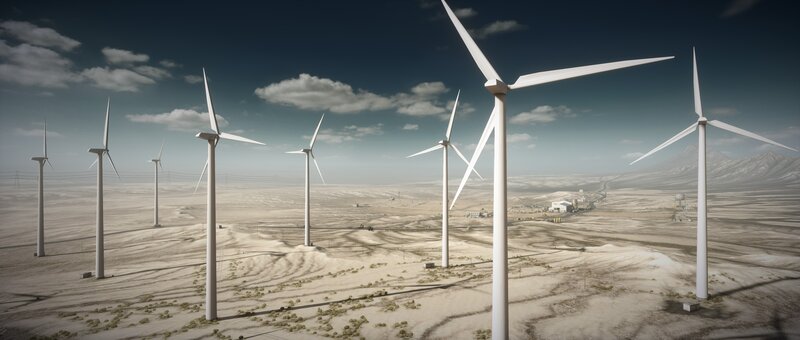 Wind turbines in desert landscape