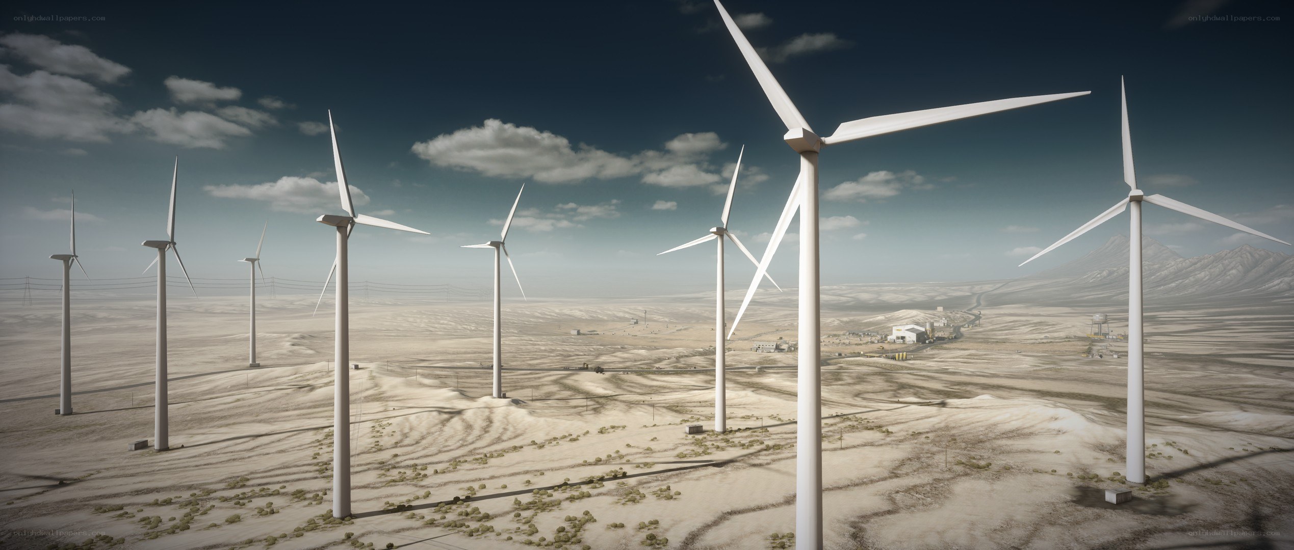 Wind turbines in desert landscape