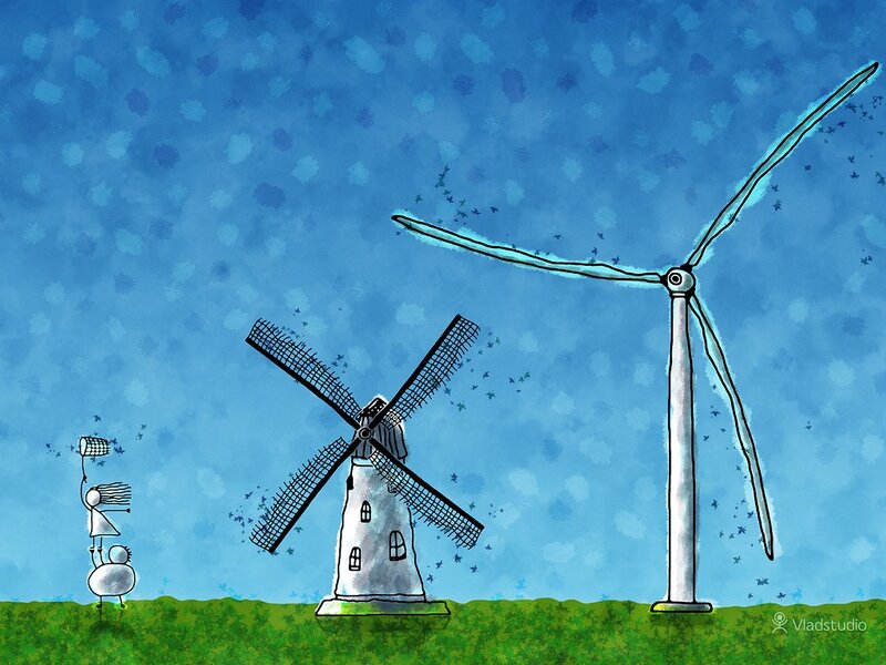 Wind Turbines in Field — Blue, Calm