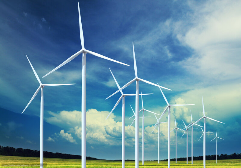 Wind Turbines in Field — Blue, Dramatic, Afternoon, Photograph