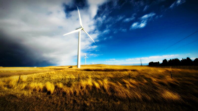 Wind Turbines in Field — Blue, Dramatic, Afternoon