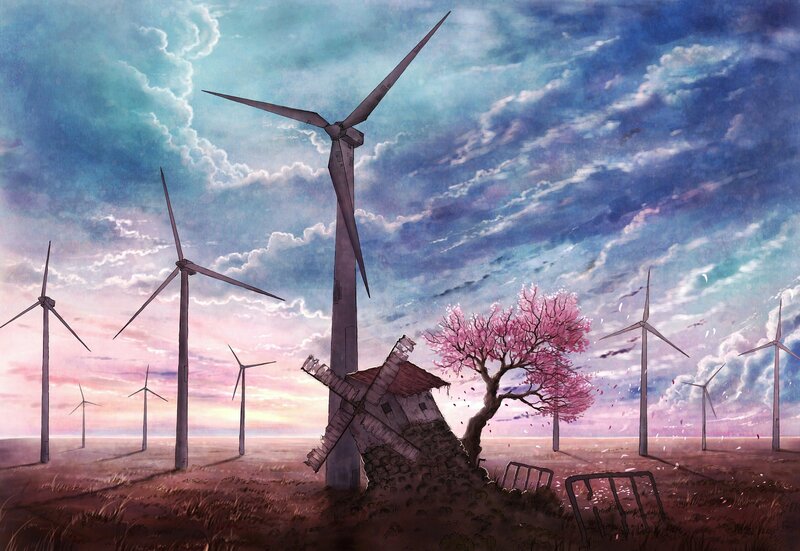Wind Turbines in Field — Blue, Dramatic, Sunset, Digital Art
