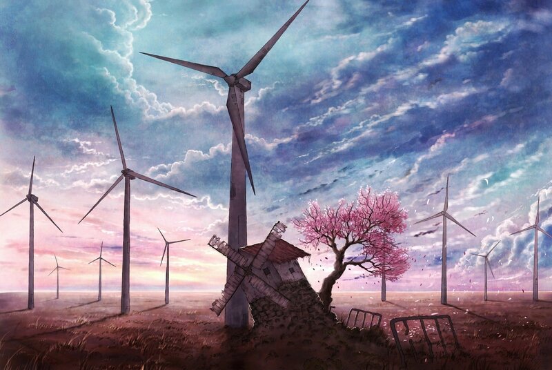 Wind Turbines in Field — Blue, Serene