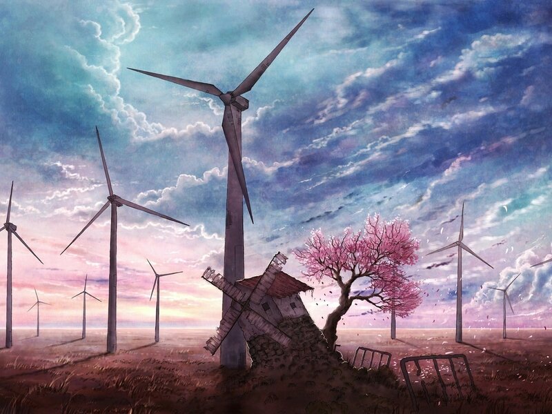 Wind Turbines in Field — Blue