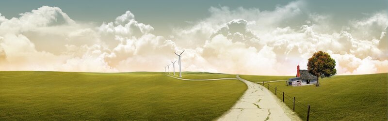 Wind Turbines in Field — Green, Serene, Afternoon, Digital Art, House