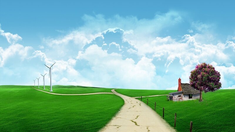Wind Turbines in Field — Green, Serene, Afternoon, Digital Art, House, Tree, Path, Blue, White