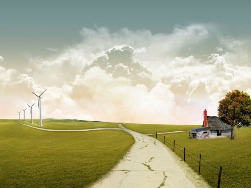 Wind Turbines in Field — Green, Serene, Afternoon, Digital Art, House, Tree, Path, White