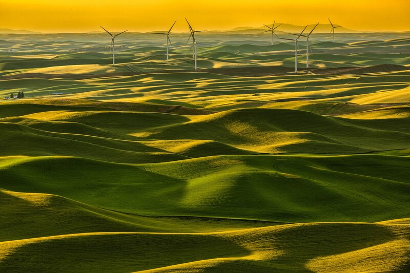 Wind Turbines in Hills — Green