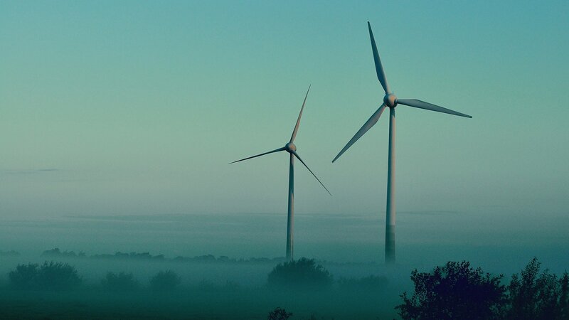 Wind turbines in morning fog