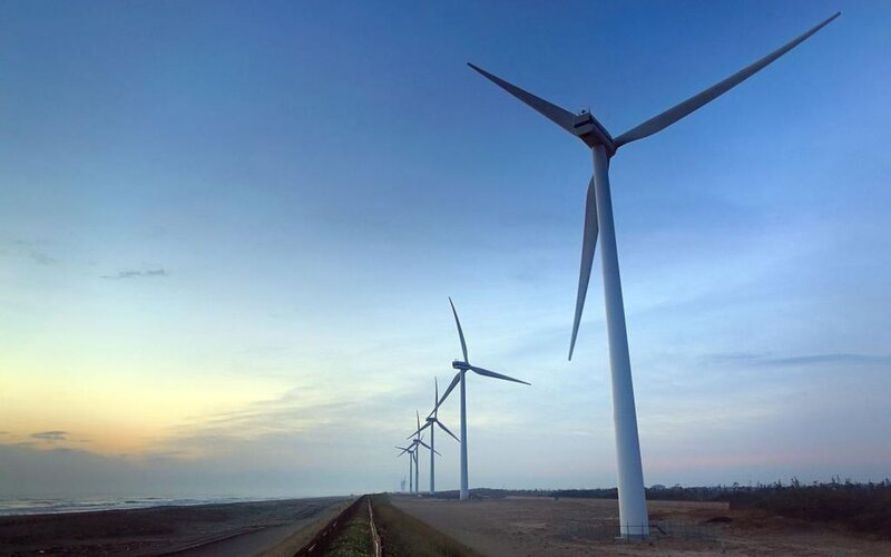 Wind Turbines on Beach — Blue, Serene