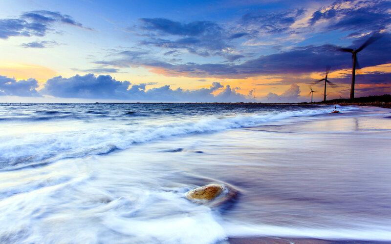Wind Turbines on Beach — Blue