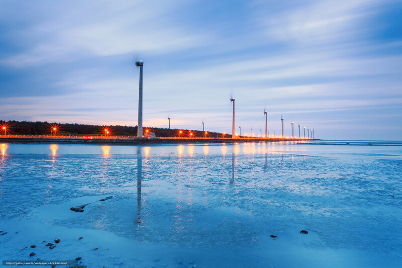 Wind Turbines on Coast — Blue