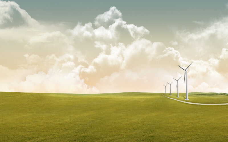 Wind turbines on green hills